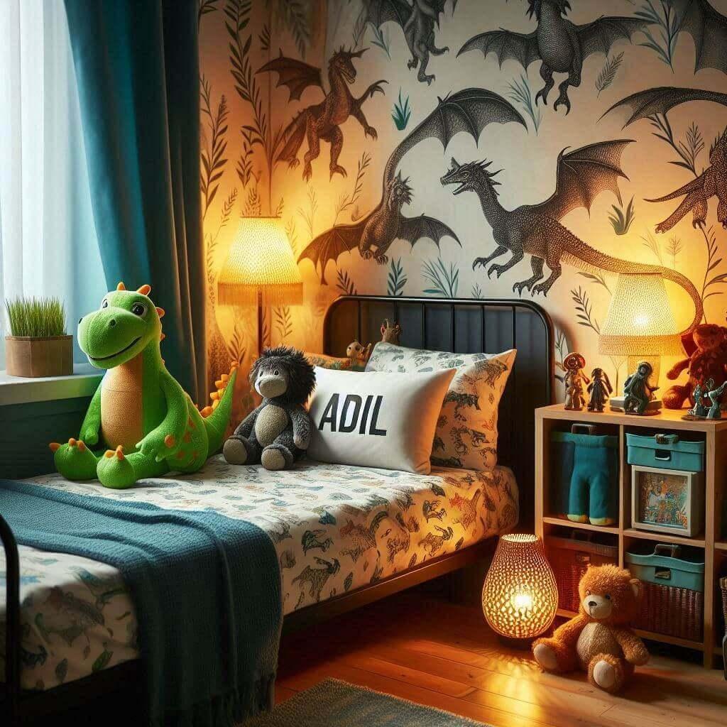 Une chambre de petit garcon sur le theme des dragons avec le prenom ADIL