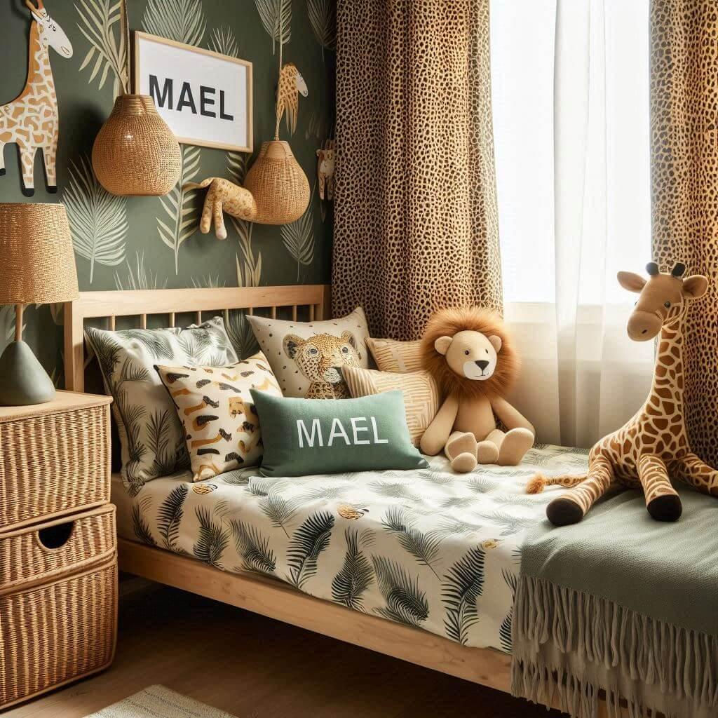 Une chambre de petit garcon avec un lit simple des draps motifs jungle des rideaux motif leopards une lampe en rotin allumee une peluche girafe une peluche lion et le prenom mael e