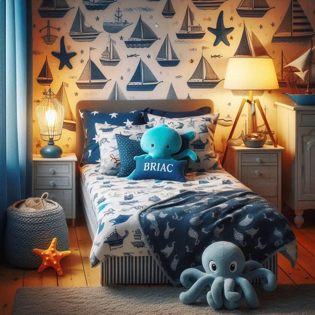 Une chambre de petit garcon avec un lit simple des draps motifs marin des rideaux motif bateau une lampe etoile de mer allumee une peluche poulpe une peluche baleine et le prenom b