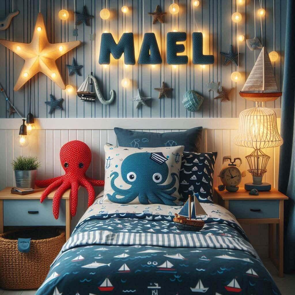 Une chambre de petit garcon avec un lit simple des draps motifs marin des rideaux motif bateau une lampe etoile de mer allumee une peluche poulpe une peluche baleine et le prenom m