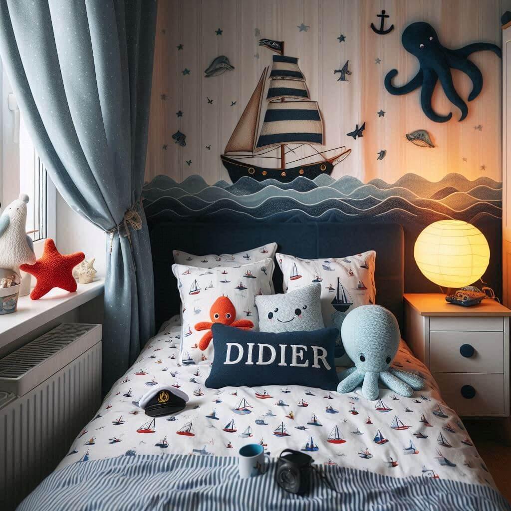 Une chambre de petit garcon avec un lit simple des draps motifs marin rideaux motif bateau lampe etoile de mer allumee peluche poulpe peluche baleine prenom didier ecrit sur le cou