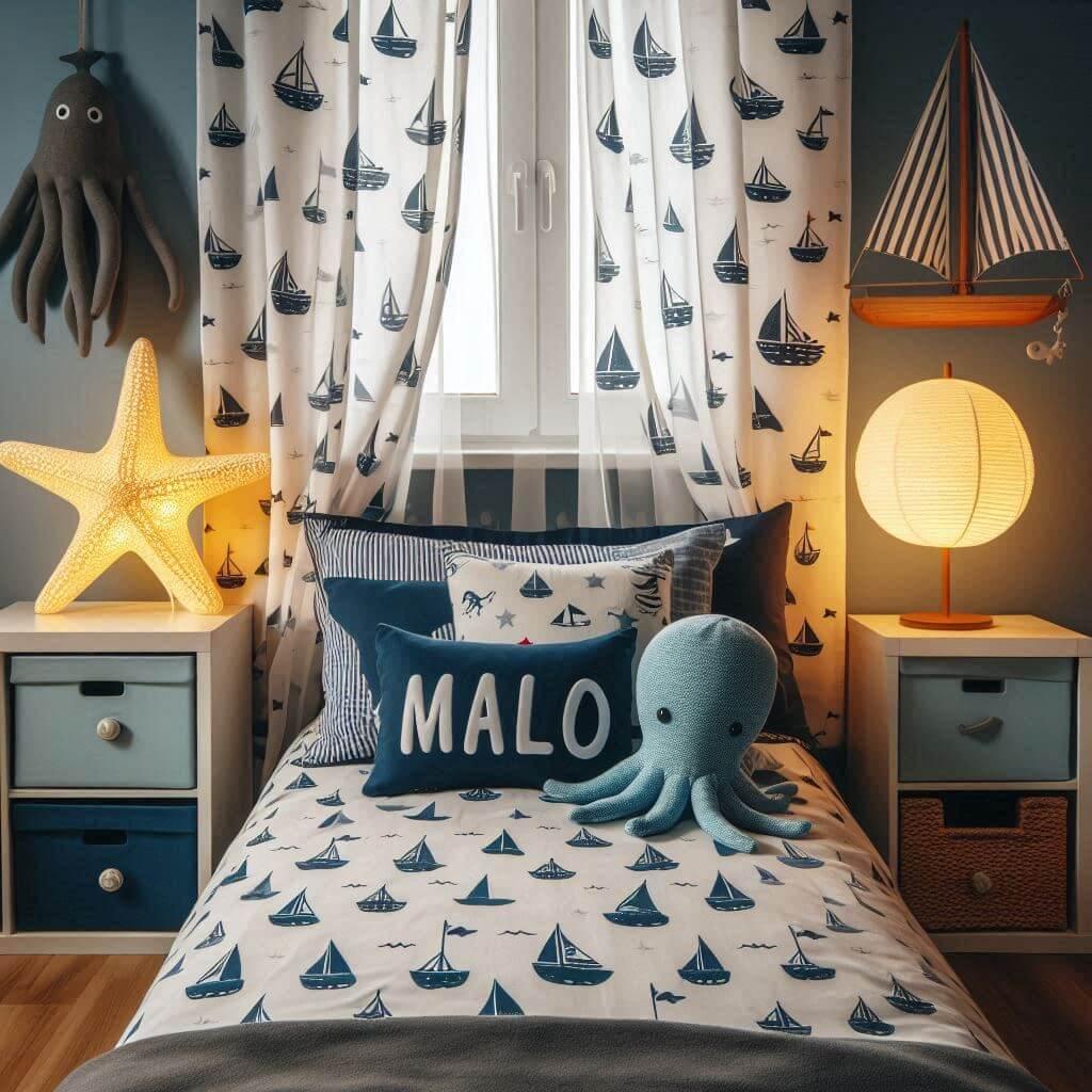 Une chambre de petit garcon avec un lit simple des draps motifs marin rideaux motif bateau lampe etoile de mer allumee peluche poulpe peluche baleine prenom malo ecrit sur le couss