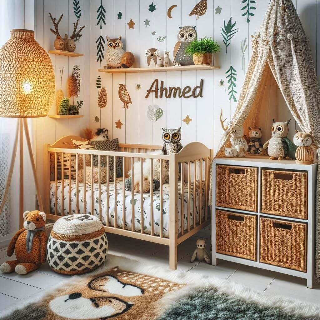 chambre avec le prenom ahmed, decoration chambre enfant theme animaux de la foret