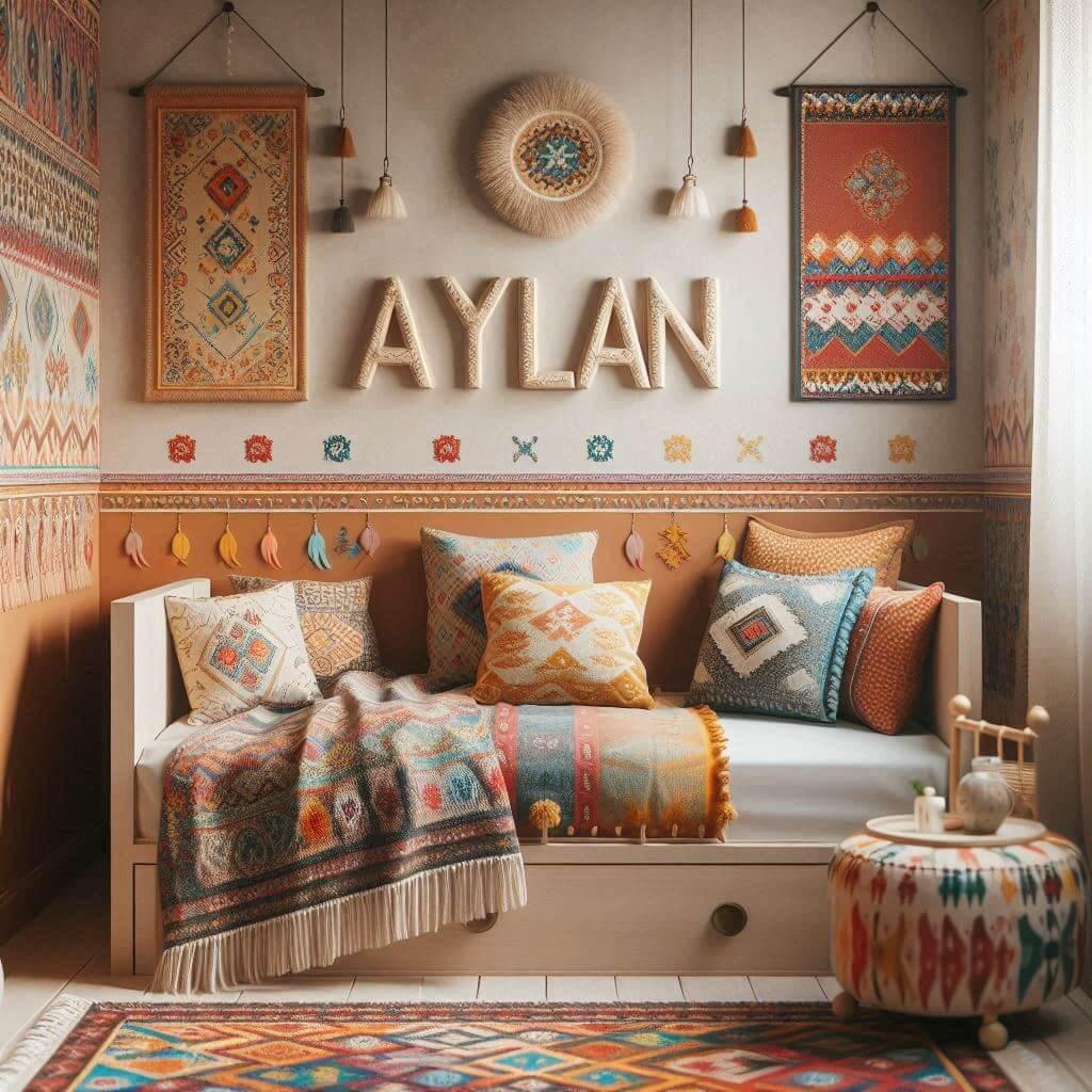 Une chambre de petit garcon chaleureuse et accueillante inspiree du theme turc les murs sont decores avec des elements traditionnels tels que des tapis colores et des motifs geomet