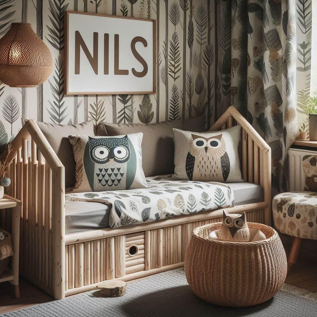 Une chambre de petit garcon inspiree de la foret avec le prenom nils ecrit sur un coussin un lit cabane des draps et des rideaux avec des motifs de feuilles de hibou une lampe en r