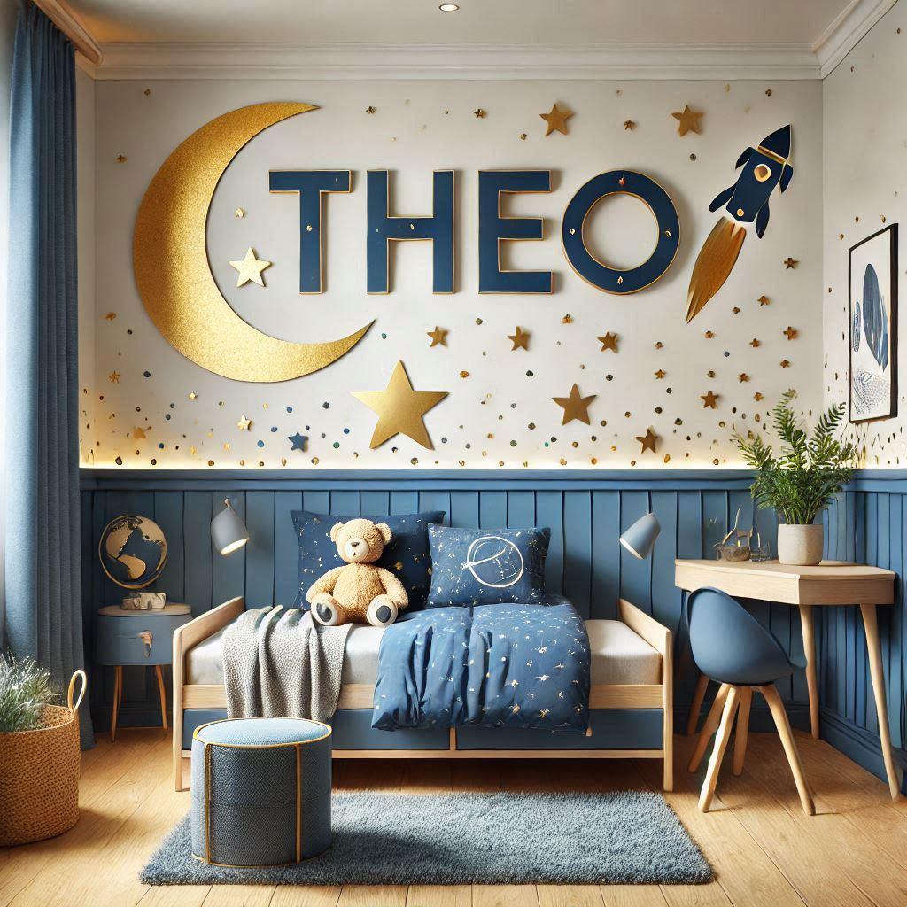 Une chambre de petit garcon qui represente le bleu et or sur le theme de lespace avec ecrit le prenom theo sur le mur en decoration