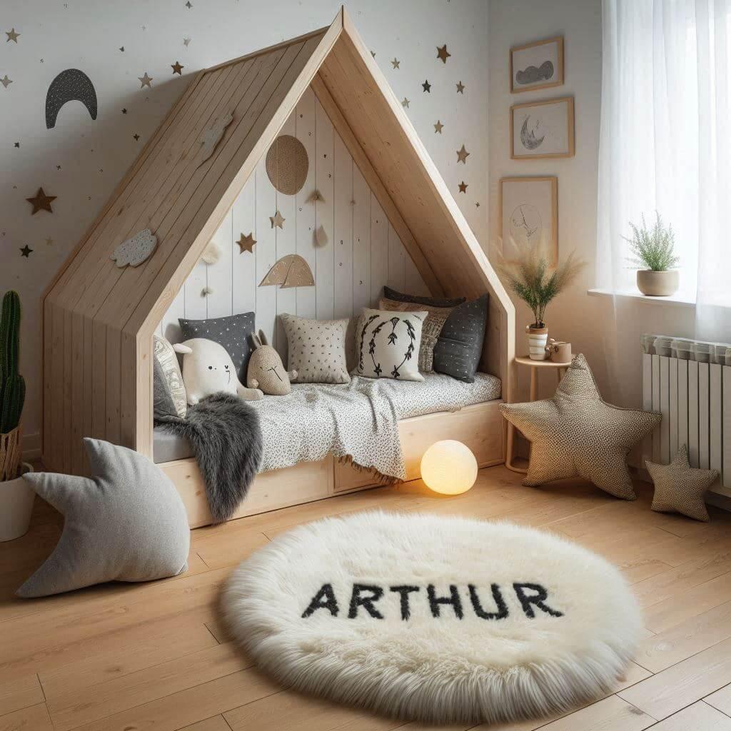 Une chambre de petit garcon qui se nomme arthur avec un lit cabane un tapis de fourure style scandinave coussins en forme detoiles coussins en forme de lune le prenom arthur est ec