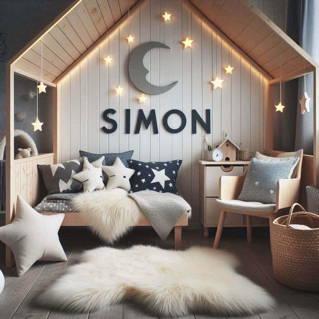 Une chambre de petit garcon qui se nomme simon avec un lit cabane un tapis de fourure style scandinave coussins en forme detoiles coussins en forme de lune le prenom simon est ecri