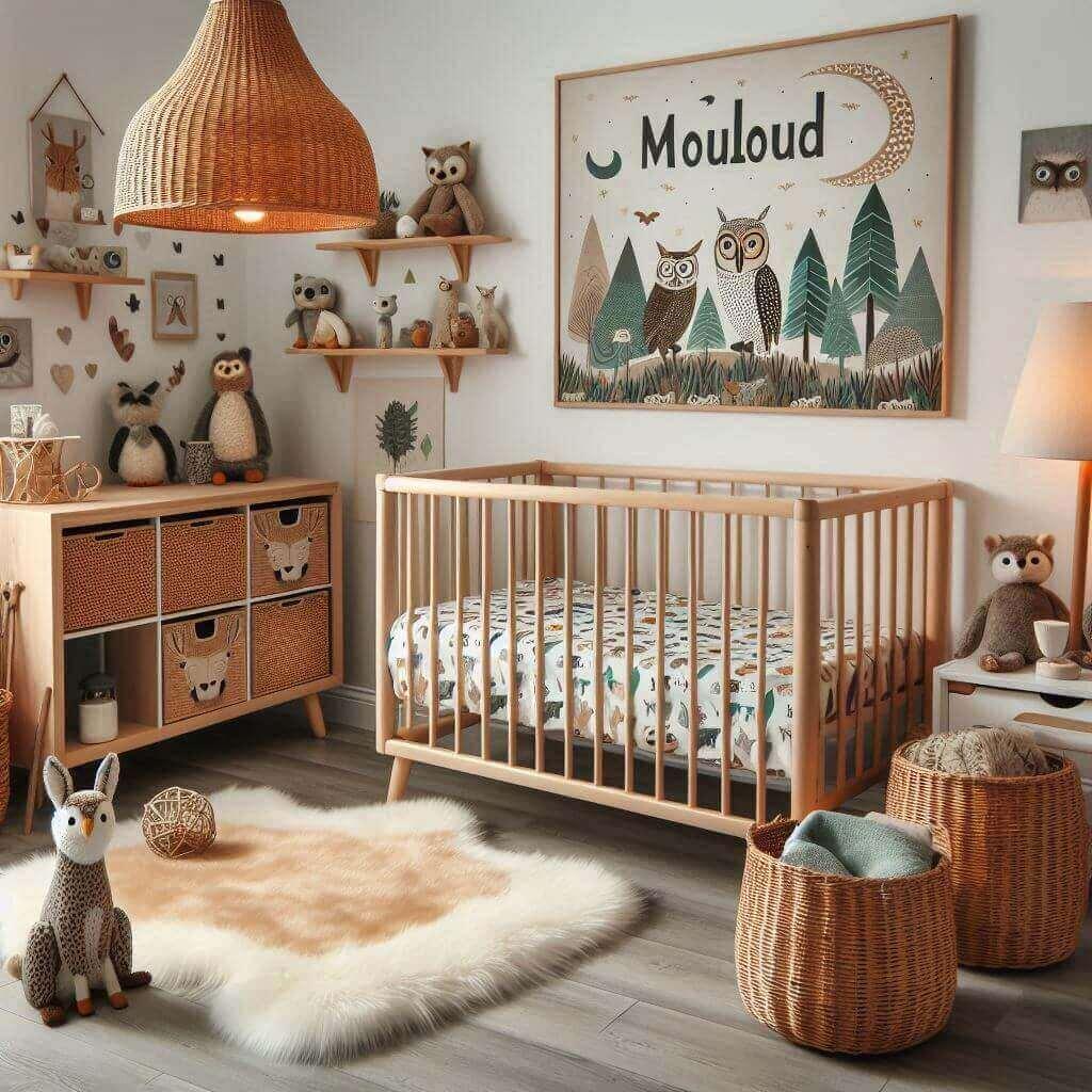 Une chambre de petit garcon sur le theme des animaux de la foret avec le prenom mouloud