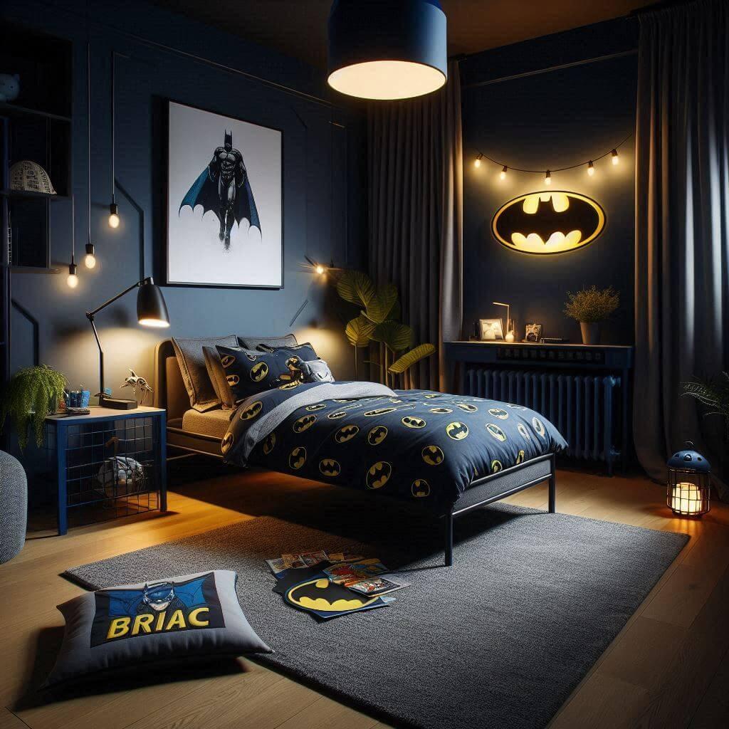 Une chambre de petit garcon sur les tons bleus nuit et gris lit simple avec des draps de batman un tapis de jeu une lampe allumee un coussin avec son prenom brode briac 1