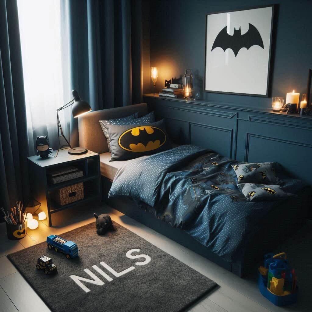 Une chambre de petit garcon sur les tons bleus nuit et gris lit simple avec des draps de batman un tapis de jeu une lampe allumee un coussin avec son prenom brode nils 1