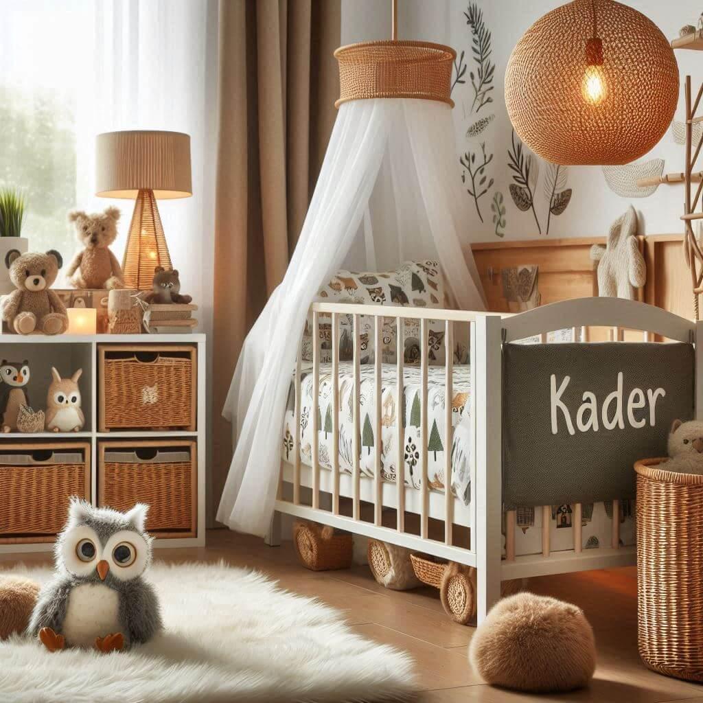 Une chambre de petit garcon theme animaux de la foret draps motifs hibou avec un lit a barreaux avec un ciel de lit lampe en rotin allumee meuble cubes avec des panier en osier tap