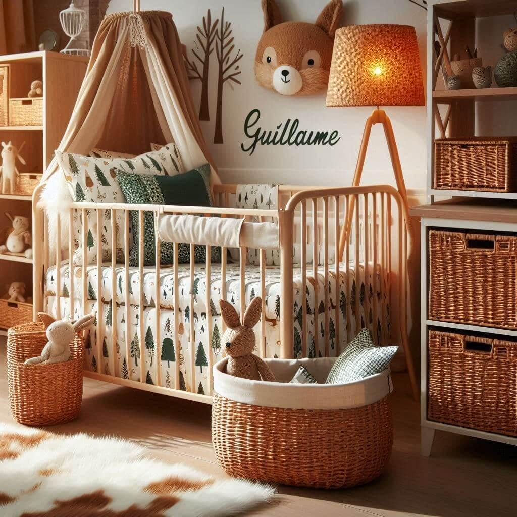 Une chambre de petit garcon theme animaux de la foret draps motifs lapin avec un lit a barreaux avec un ciel de lit lampe en rotin allumee meuble cubes avec des panier en osier tap