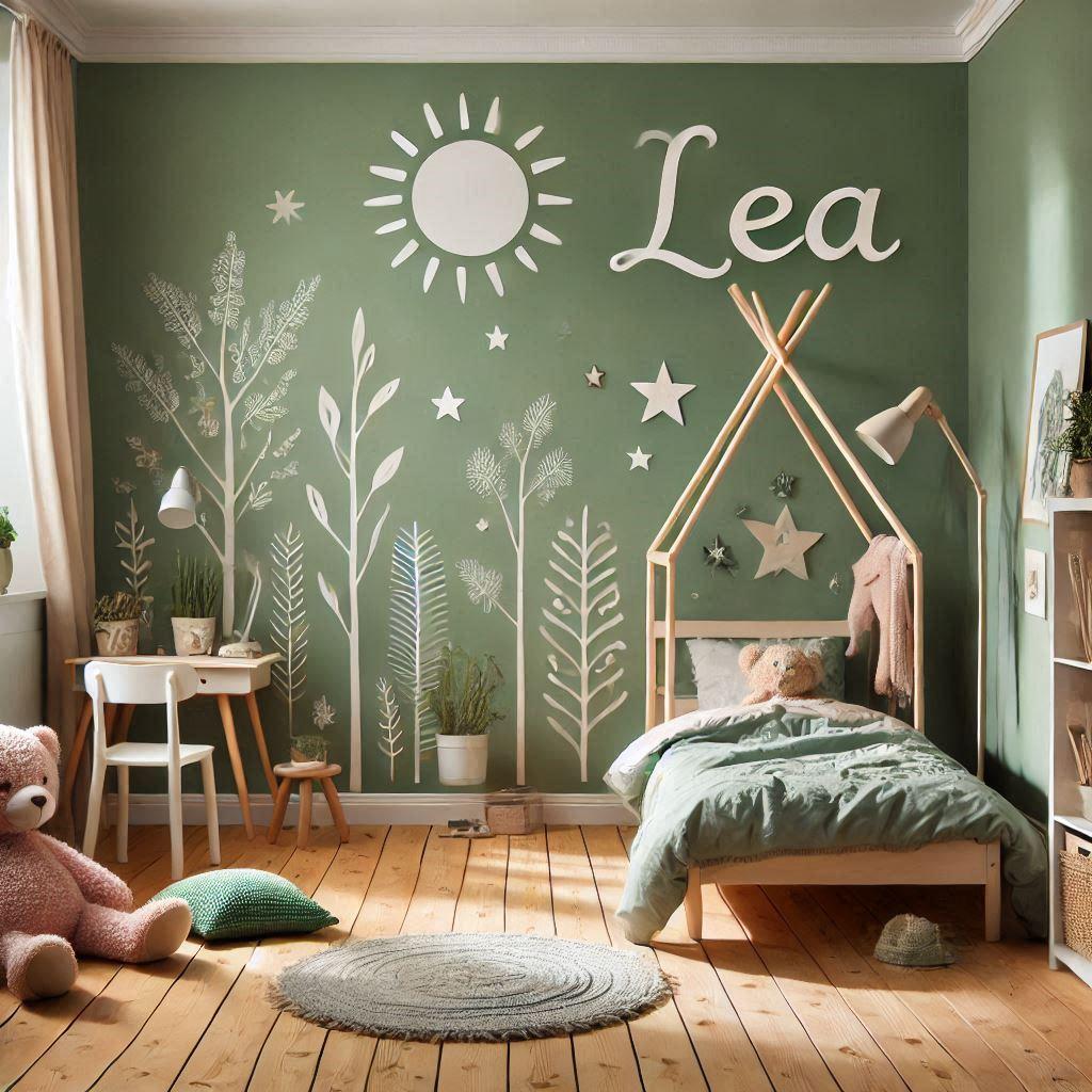 Une chambre de petite fille au ton vert naturel style nature et decouverte avec ecrit lea sur le mur