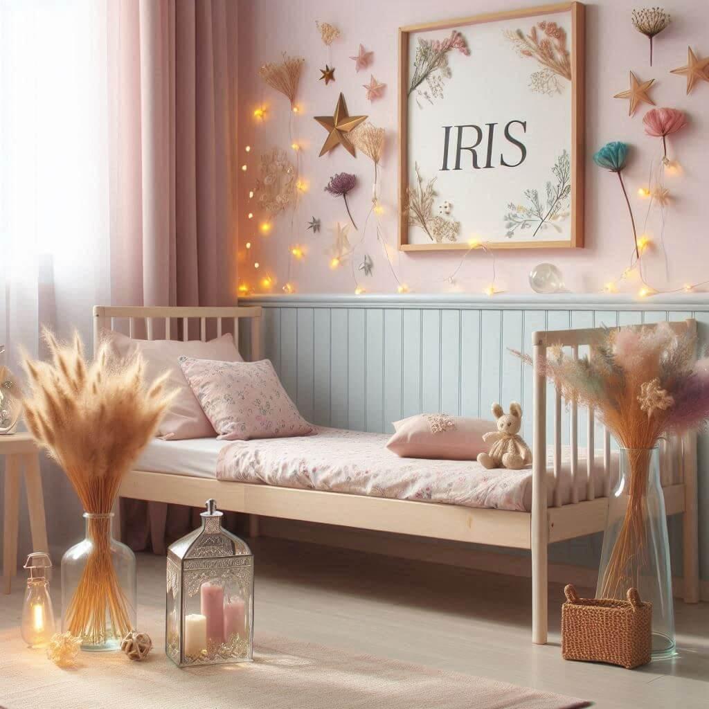 Une chambre de petite fille avec des couleurs pastel des bouquets seches des objets decoratifs en verre des guirlandes lumineuses un lit simple des draps motifs fleuri et un cadre