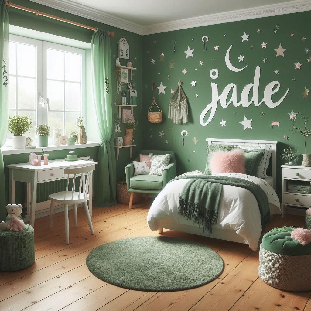 Une chambre de petite fille avec des tons verts et blancs avec ecrit sur le mur jade 2