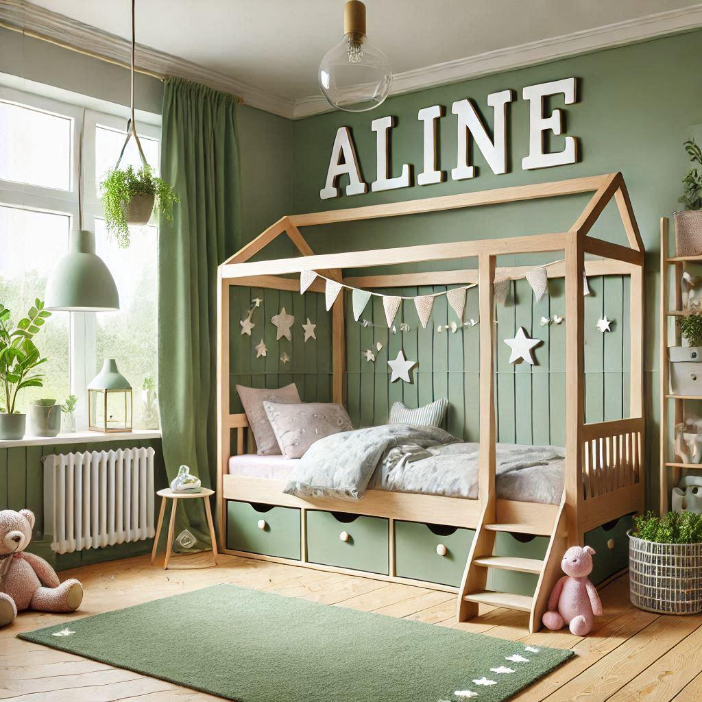 Une chambre de petite fille avec le prenom aline dans les tons verts avec un lit cabane