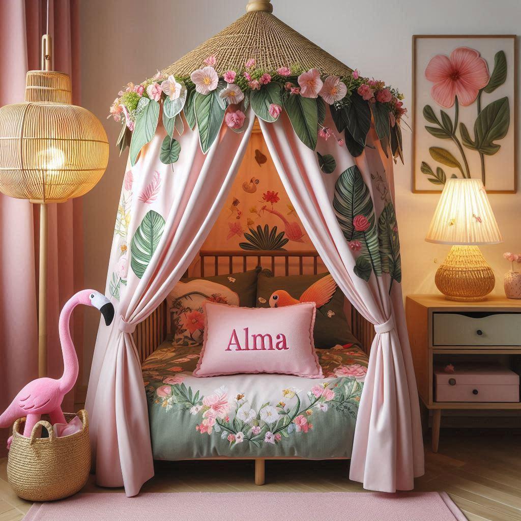 Une chambre de petite fille avec le prenom alma brode sur le coussin avec un lit cabane sur le theme des fleurs et les rideaux sont des motifs de feuilles de perroquet lampe en rot