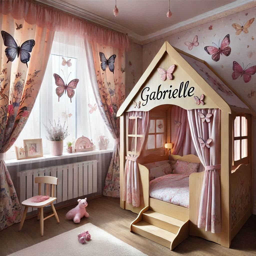 Une chambre de petite fille avec le prenom de gabrielle theme papillons et fee lit cabane comme une petite maison avec des rideaux motifs cocinnelles 3