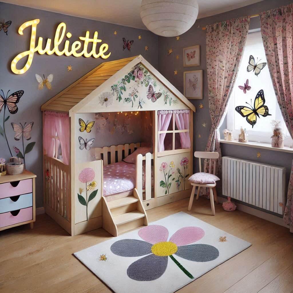 Une chambre de petite fille avec le prenom de juliette ecrit en francais theme papillon fee et lucioles