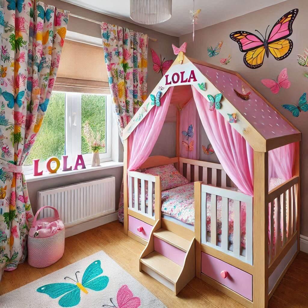 Une chambre de petite fille avec le prenom de lola theme papillons et fee lit cabane comme une petite maison avec des rideaux motifs cocinnelles couleurs vives 1