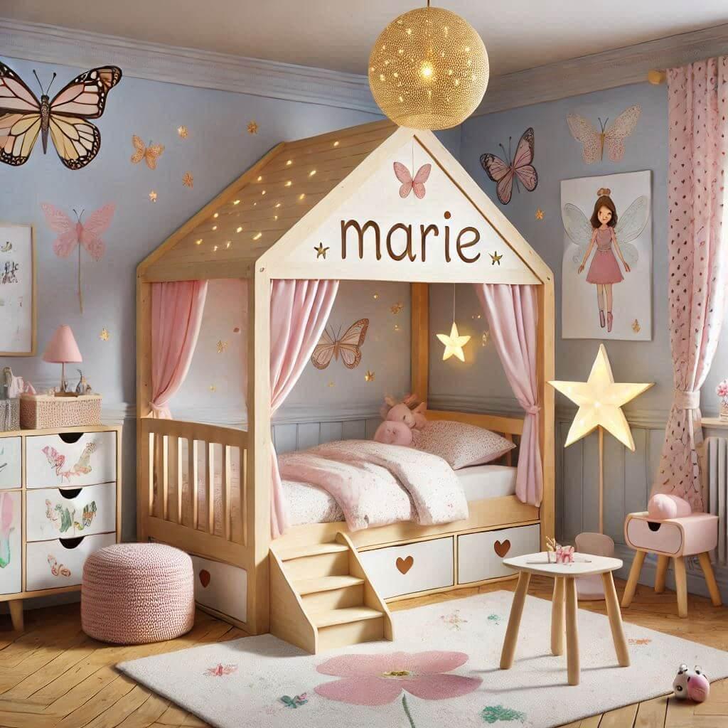 Une chambre de petite fille avec le prenom de marie, theme papillon fee et lucioles