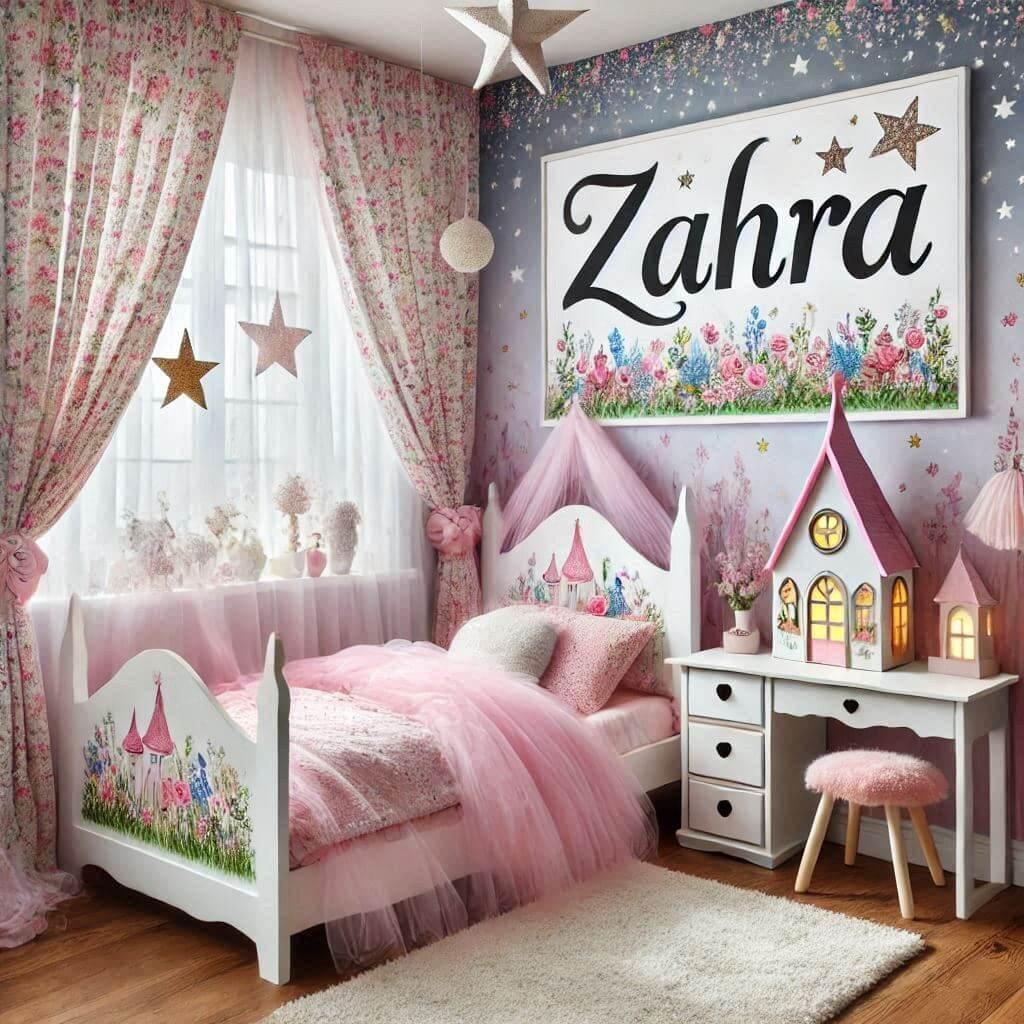 Chambre de petite fille thème princesse et papillons avec un lit cabane, rideaux fleuris et prénom Zahra sur affiche.