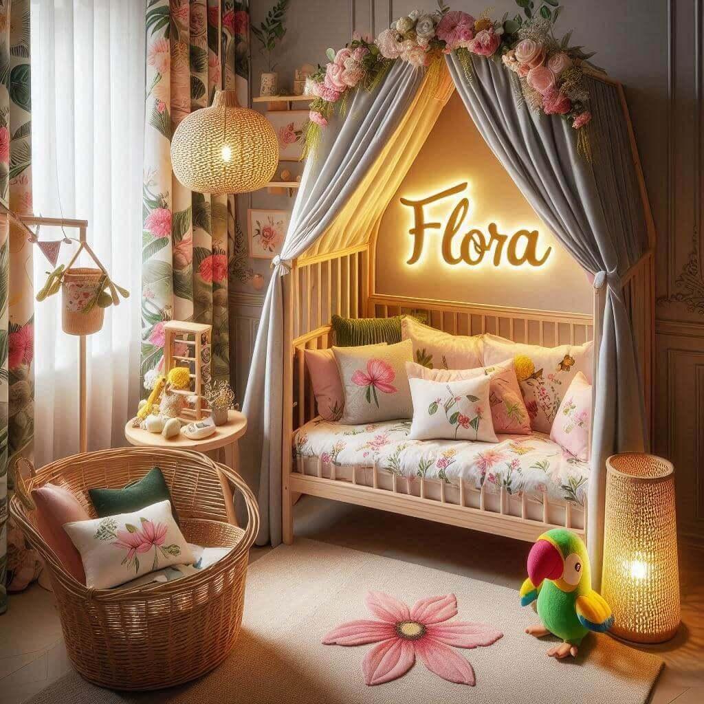 Une chambre de petite fille avec le prenom flora ecrit en francais brode sur le coussin avec un lit cabane sur le theme des fleurs et les rideaux sont des motifs de feuilles de per