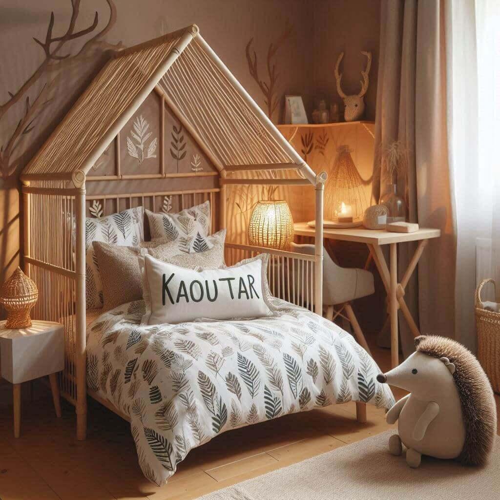 Une chambre de petite fille avec le prenom kaoutar brode sur le coussin avec un lit cabane sur le theme de la foret les draps et les rideaux sont des motifs de feuilles de cerf lam