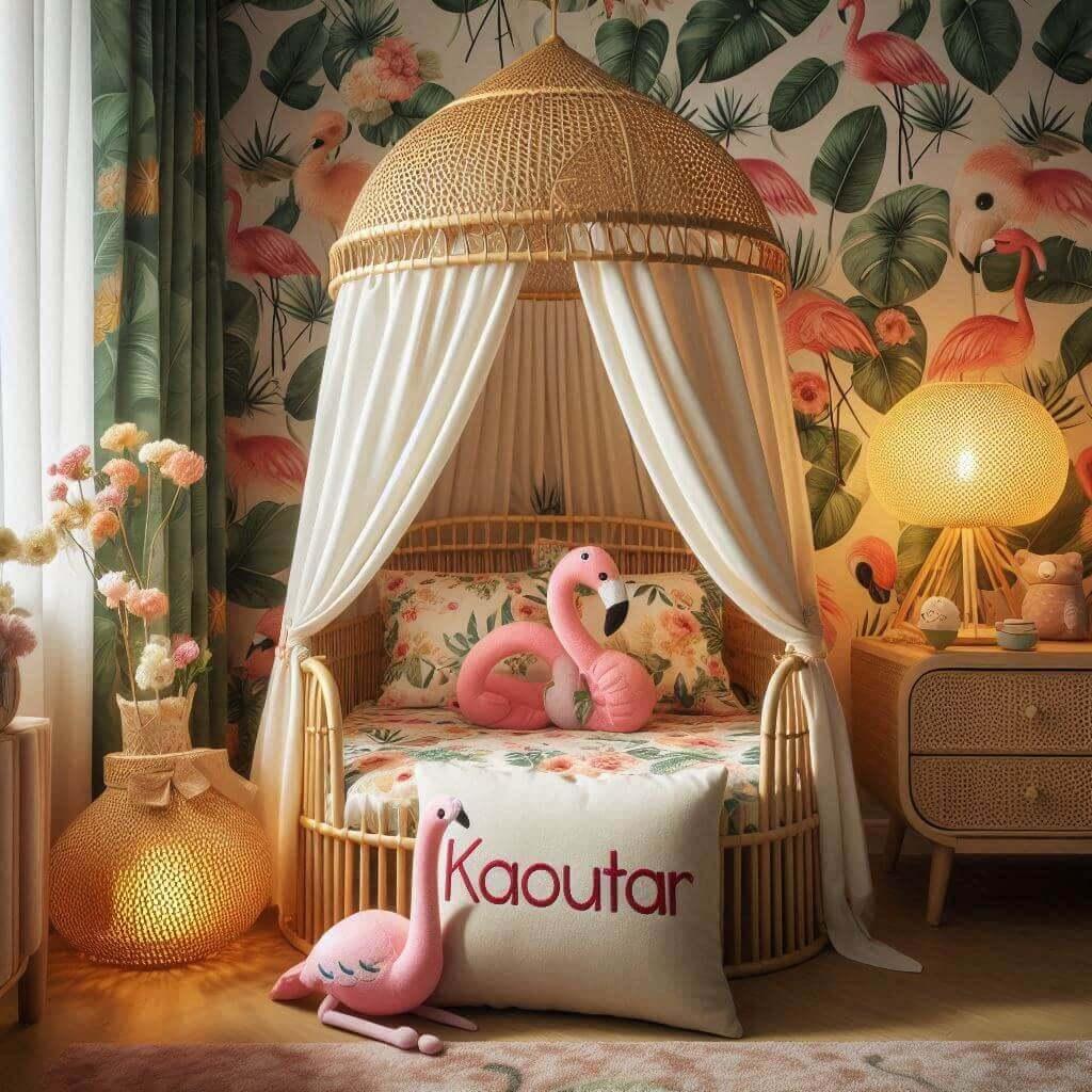 Une chambre de petite fille avec le prenom kaoutar brode sur le coussin avec un lit cabane sur le theme des fleurs et les rideaux sont des motifs de feuilles de flamant rose lampe