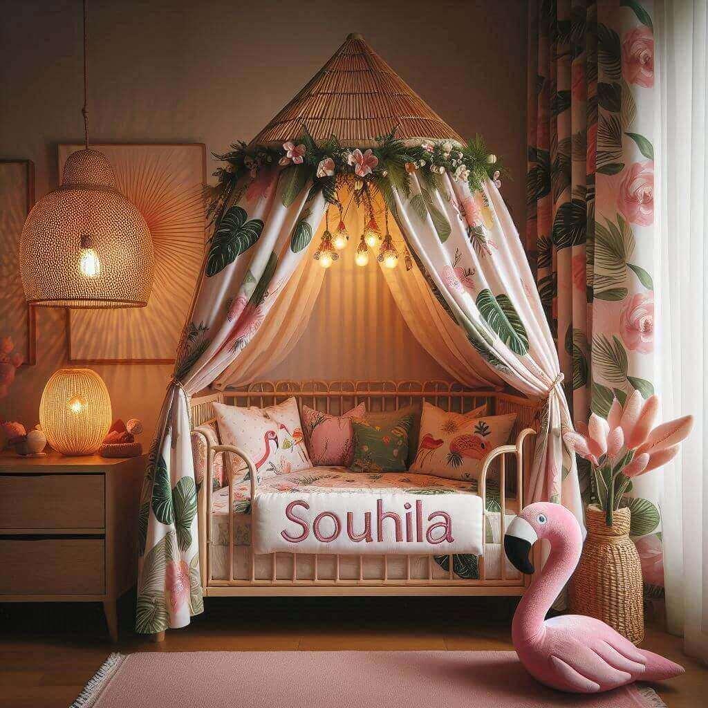 Une chambre de petite fille avec le prenom souhila brode sur le coussin avec un lit cabane sur le theme des fleurs et les rideaux sont des motifs de feuilles de perroquet lampe en