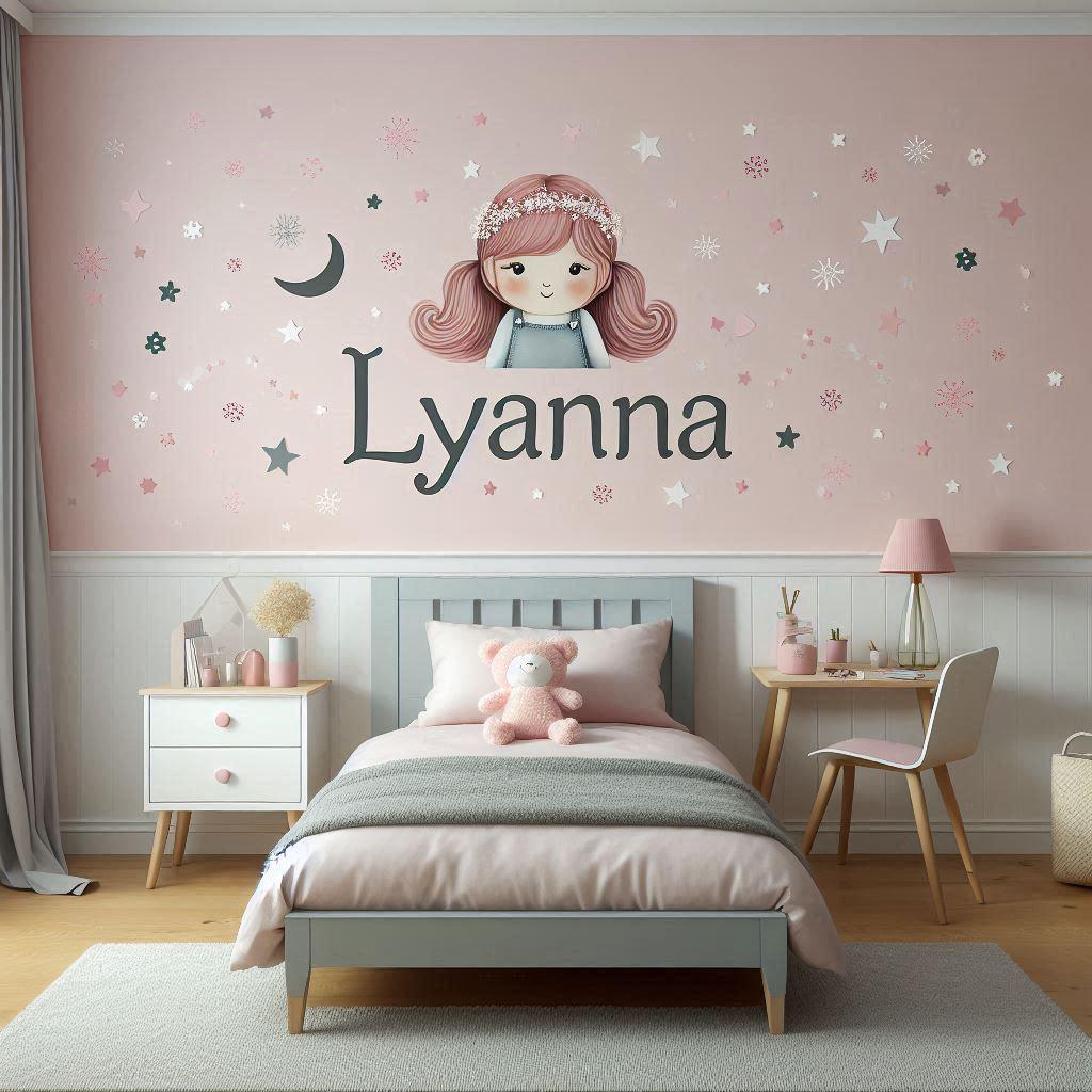 Une chambre de petite fille avec son prenom lyanna ecrit en decoration sur le mur