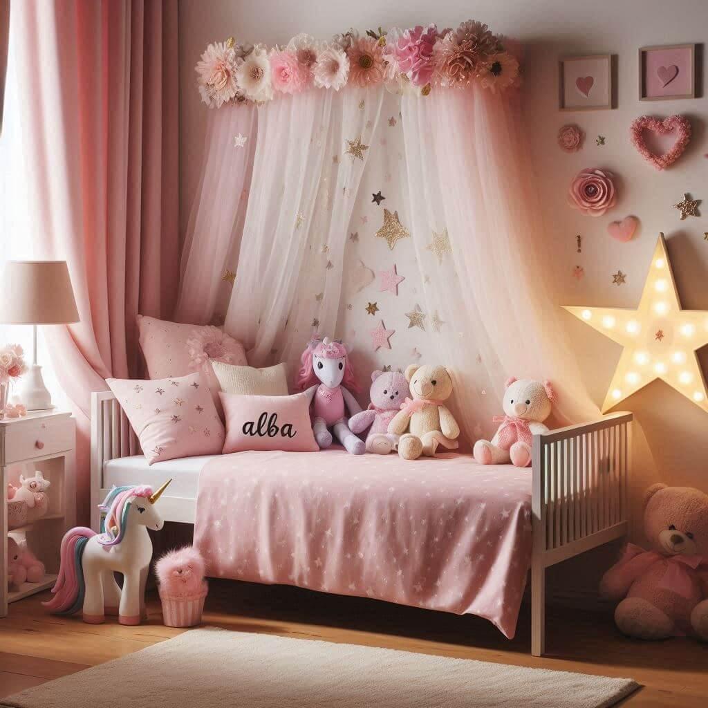 Une chambre de petite fille avec un lit simple avec des draps motifs etoiles roses clair rideaux motif fleurs et c urs lampe etoile allumee peluche princesse peluche licorne figuri