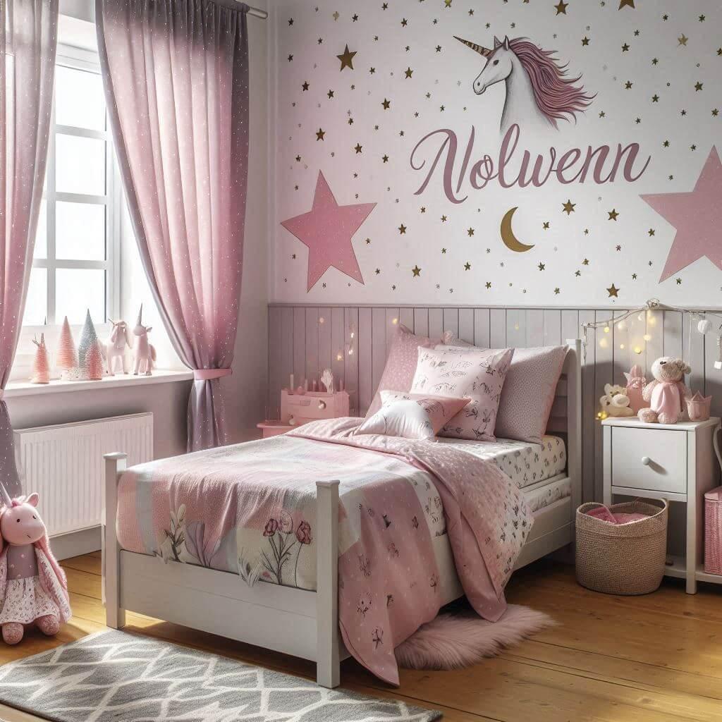 Une chambre de petite fille avec un lit simple avec des draps motifs licorne rideaux motif etoiles et le prenom nolwenn 1