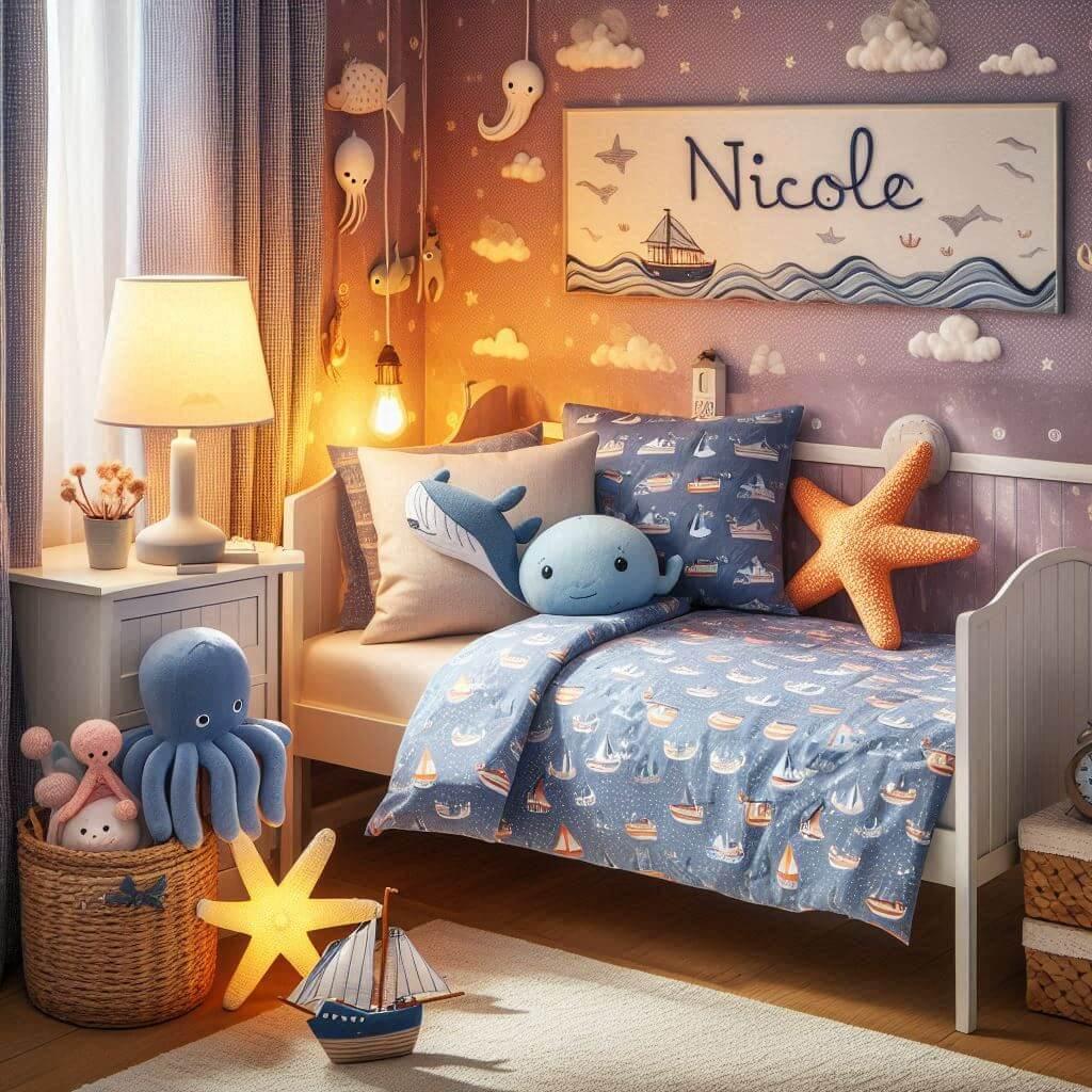 Une chambre de petite fille avec un lit simple avec des draps motifs marin rideaux motif bateau lampe etoile de mer allumee peluche poulpe peluche baleine prenom nicole ecrit sur l