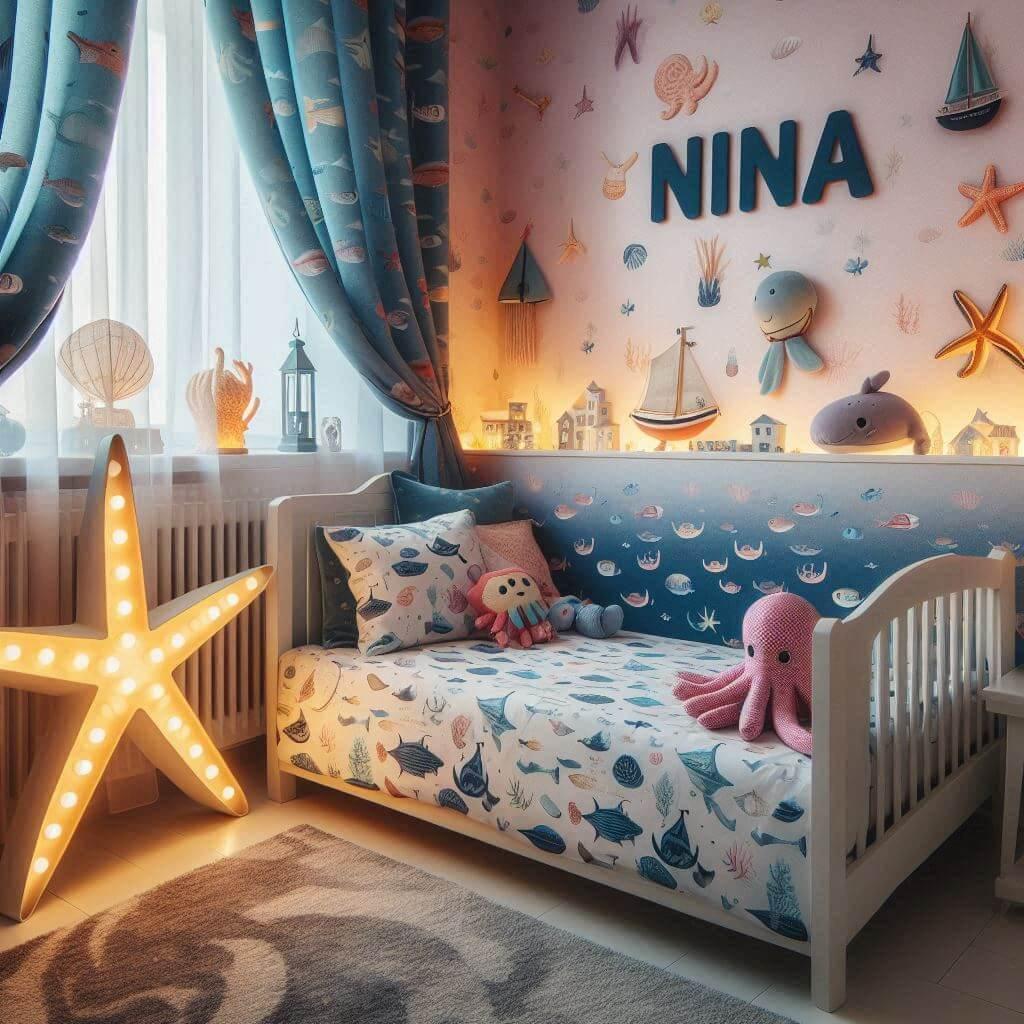 Une chambre de petite fille avec un lit simple avec des draps motifs marin rideaux motif bateau lampe etoile de mer allumee peluche poulpe peluche baleine prenom nina ecrit sur le