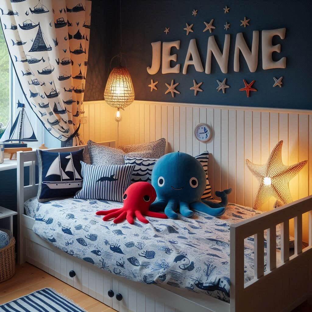 Une chambre de petite fille avec un lit simple avec des draps motifs marins rideaux motif bateau lampe etoile de mer allumee peluche poulpe peluche baleine prenom jeanne ecrit sur