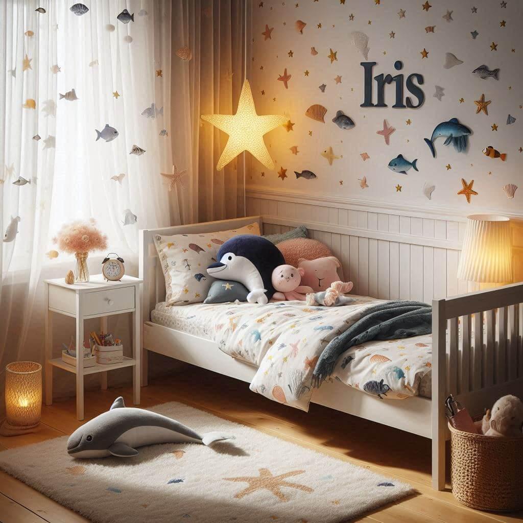 Une chambre de petite fille avec un lit simple avec des draps motifs poissons rideaux motif etoile lampe etoile de mer allumee peluche dauphin et peluche baleine sur le lit prenom