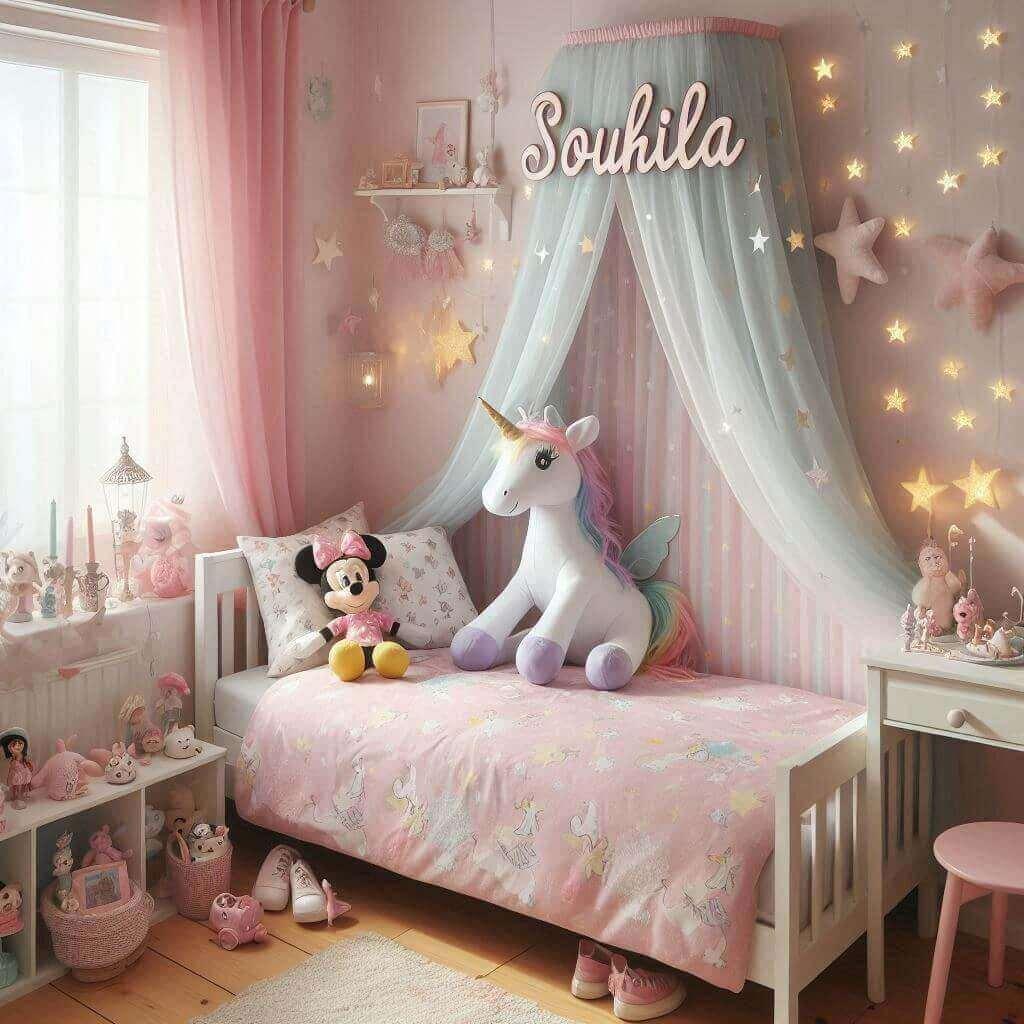 Une chambre de petite fille avec un lit simple des draps a motifs licorne des rideaux a motif etoiles une lampe licorne allumee une peluche fee amicale une peluche minnie des figur