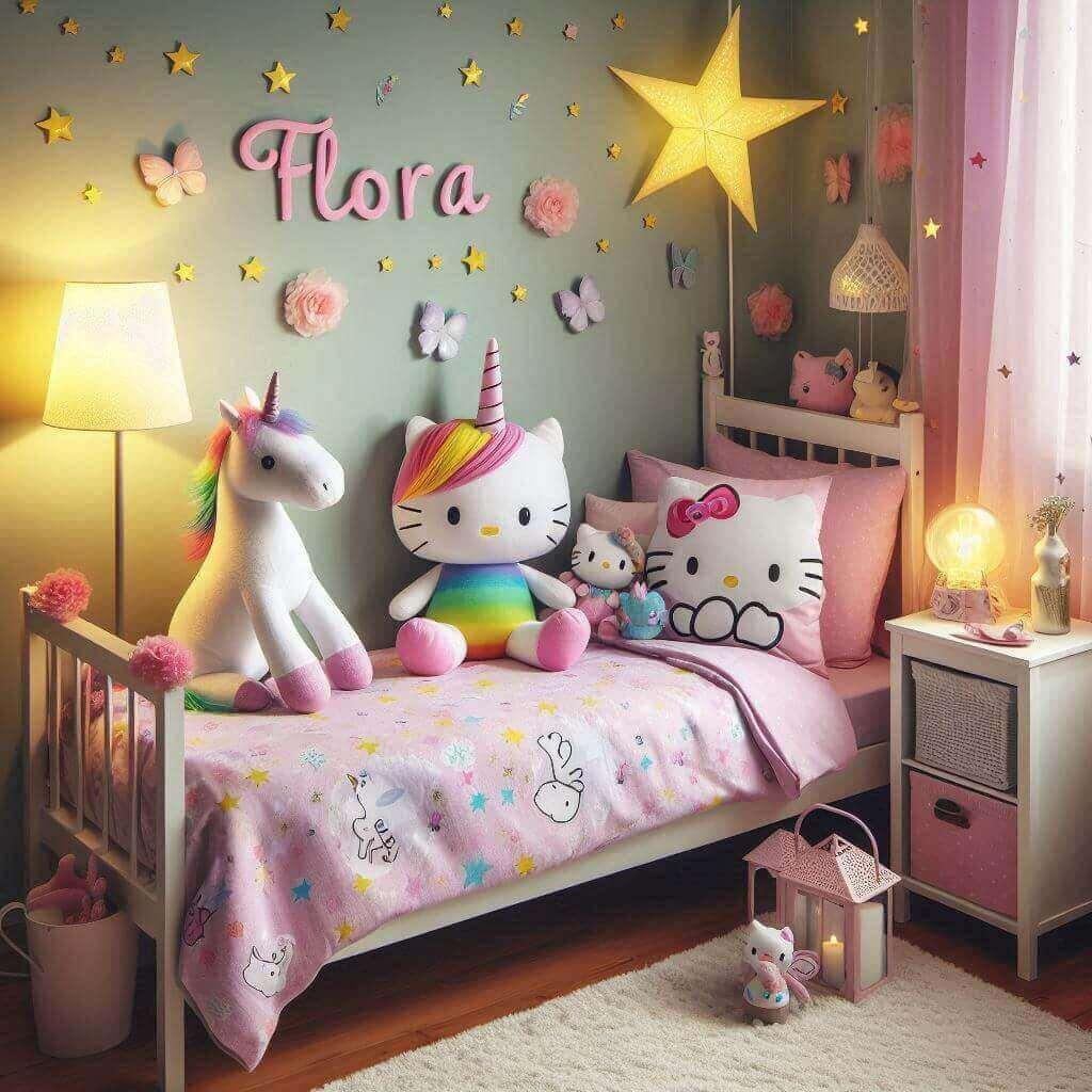 Une chambre de petite fille avec un lit simple des draps motifs licorne des rideaux motifs etoiles une lampe licorne allumee une peluche fee amicale une peluche hello kitty une fig