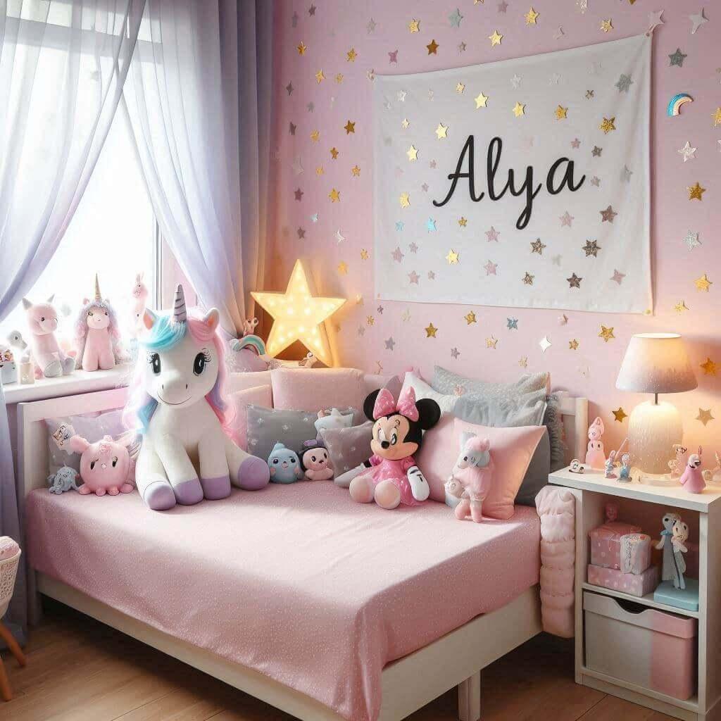 Une chambre de petite fille, theme princesse et licorne, prénom alya