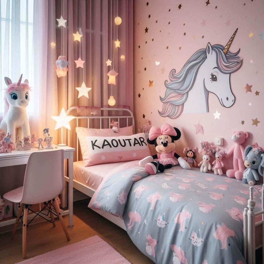 Une chambre de petite fille avec un lit simple des draps motifs licorne des rideaux motifs etoiles une lampe licorne allumee une peluche fee amicale une peluche minnie des figurine