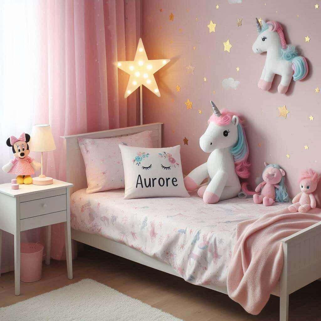 Une chambre de petite fille avec un lit simple des draps motifs licorne rideaux motif etoiles lampe licorne allumee peluche fee amicale peluche minnie figurine et jouet prenom auro