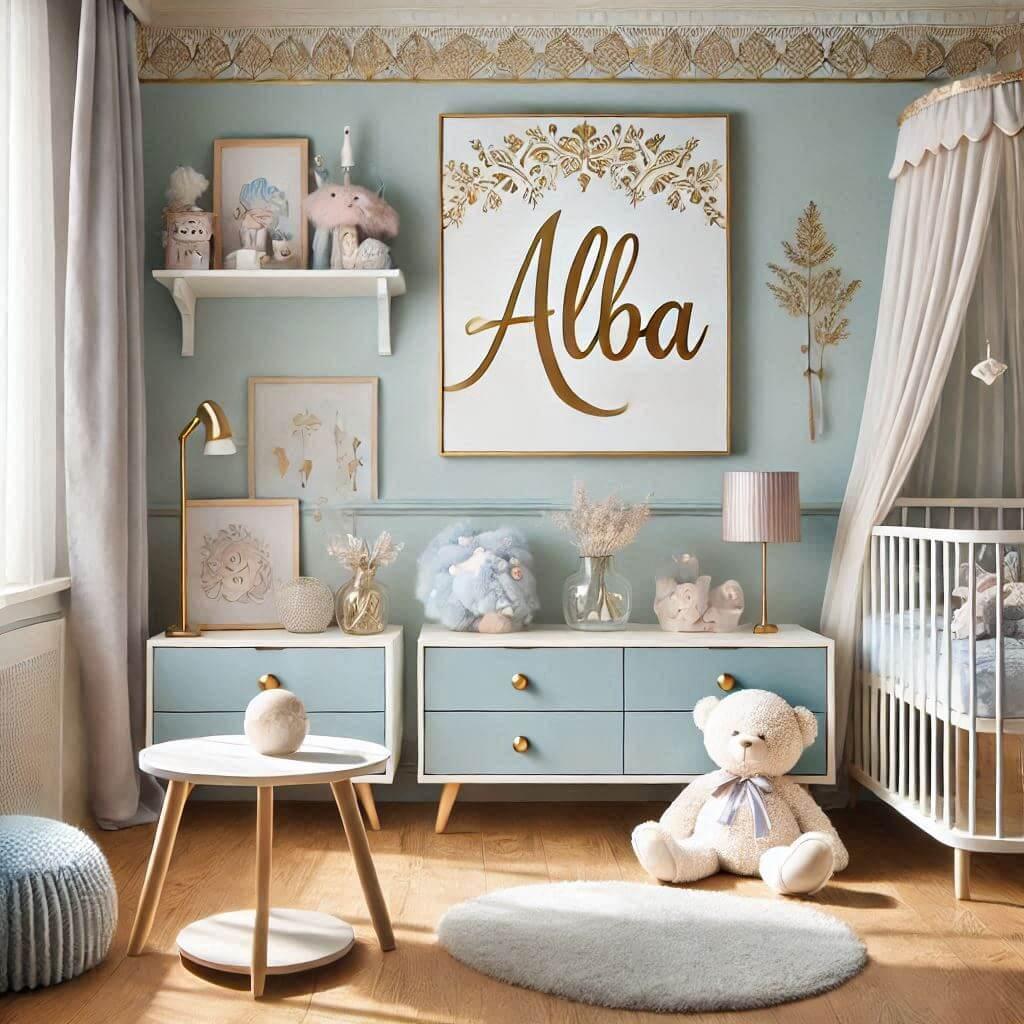 Une jolie chambre de petite fille portant le prenom alba au mur