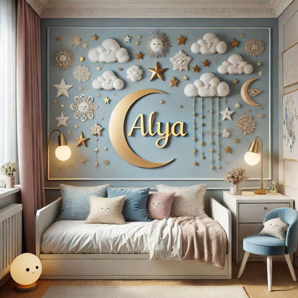 Une chambre de petite fille portant le prenom alya au mur inspiree de lelagance et de la serenite avec des couleurs apaisantes comme le bleu pastel le blanc nacre et le dore des el