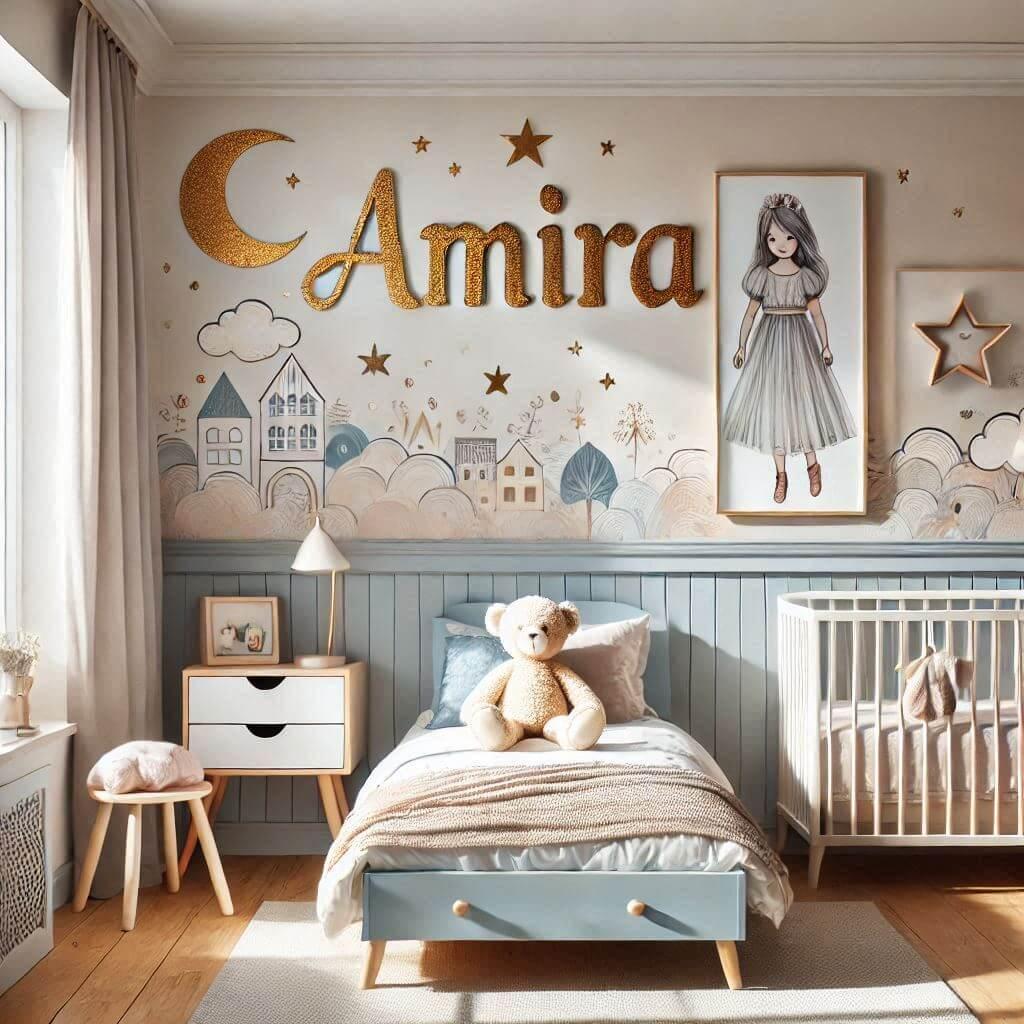 Une chambre de petite fille portant le prenom amira au mur inspiree de la serenite avec des couleurs apaisantes comme le bleu pastel le blanc nacre et le dore