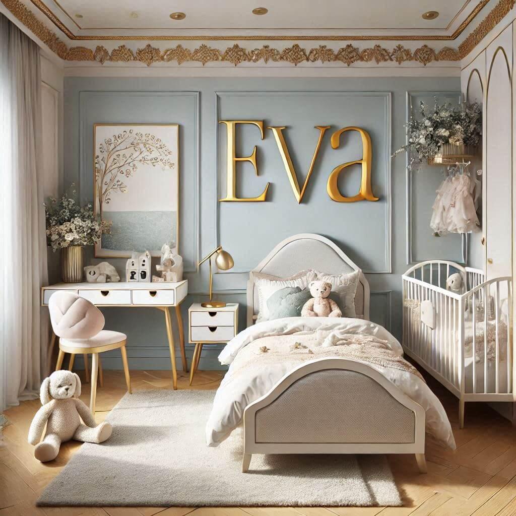 Une chambre de petite fille portant le prenom eva au mur inspiree de lelagance et de la serenite avec des couleurs apaisantes comme le bleu pastel le blanc nacre et le dore 1