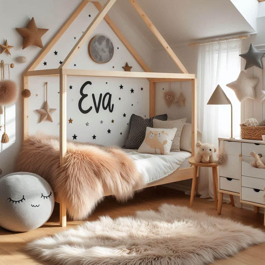 Une chambre de petite fille qui se nomme eva avec un lit cabane un tapis de fourure style scandinave coussins en forme detoiles coussins en forme de lune eva est peint sur le mur 4