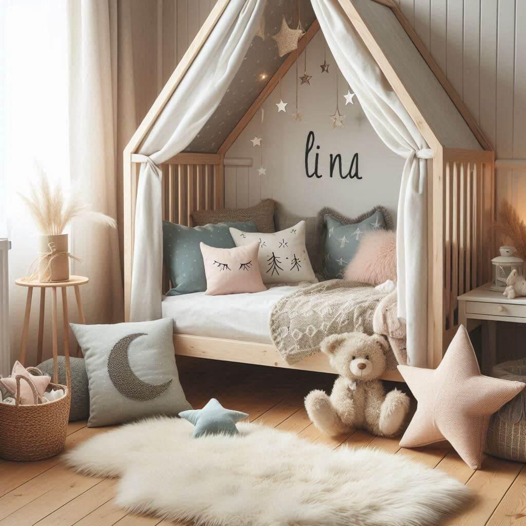 Une chambre de petite fille qui se nomme lina avec un lit cabane un tapis de fourrure style scandinave prenom lina