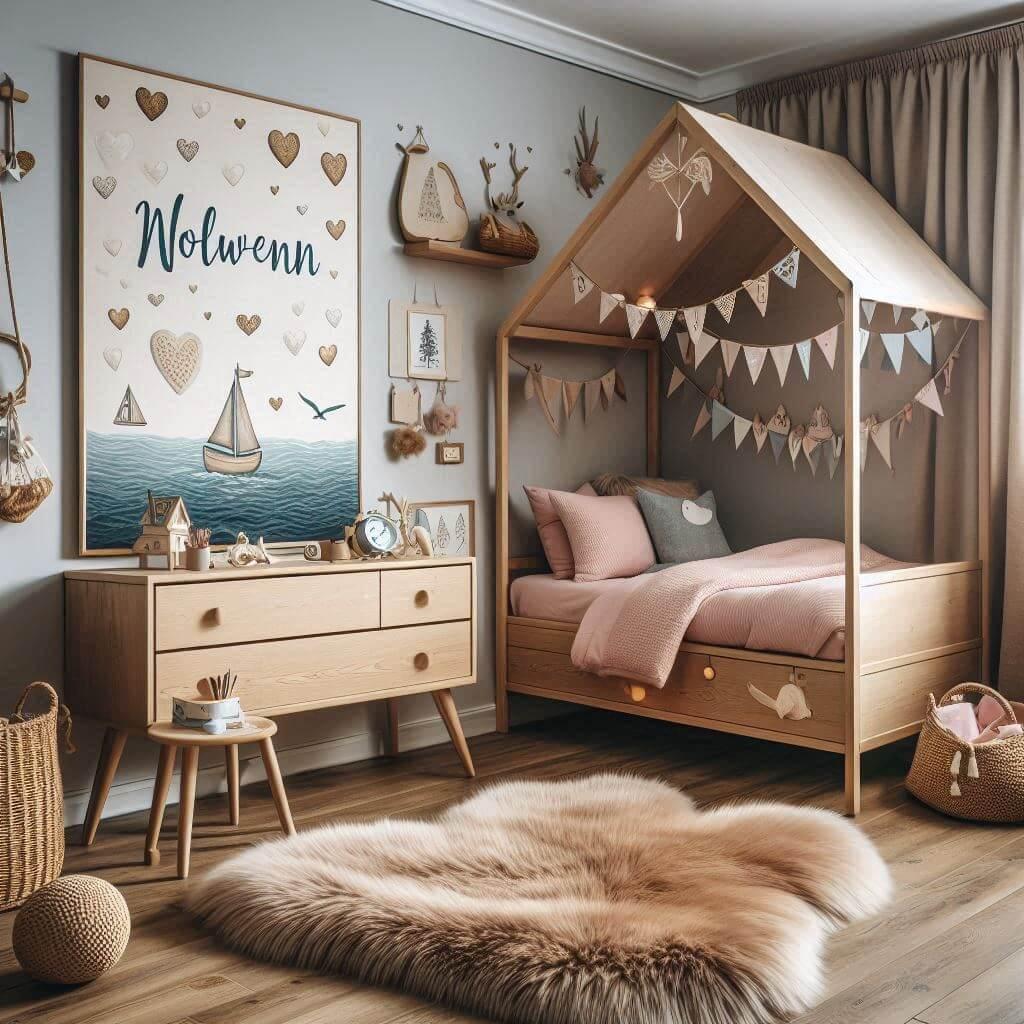 Une chambre de petite fille qui se nomme nolwenn avec un lit cabane un tapis de fourure inspire par la mer et les voyages nolwenn ecrit sur une affiche avec des coeurs 2 1